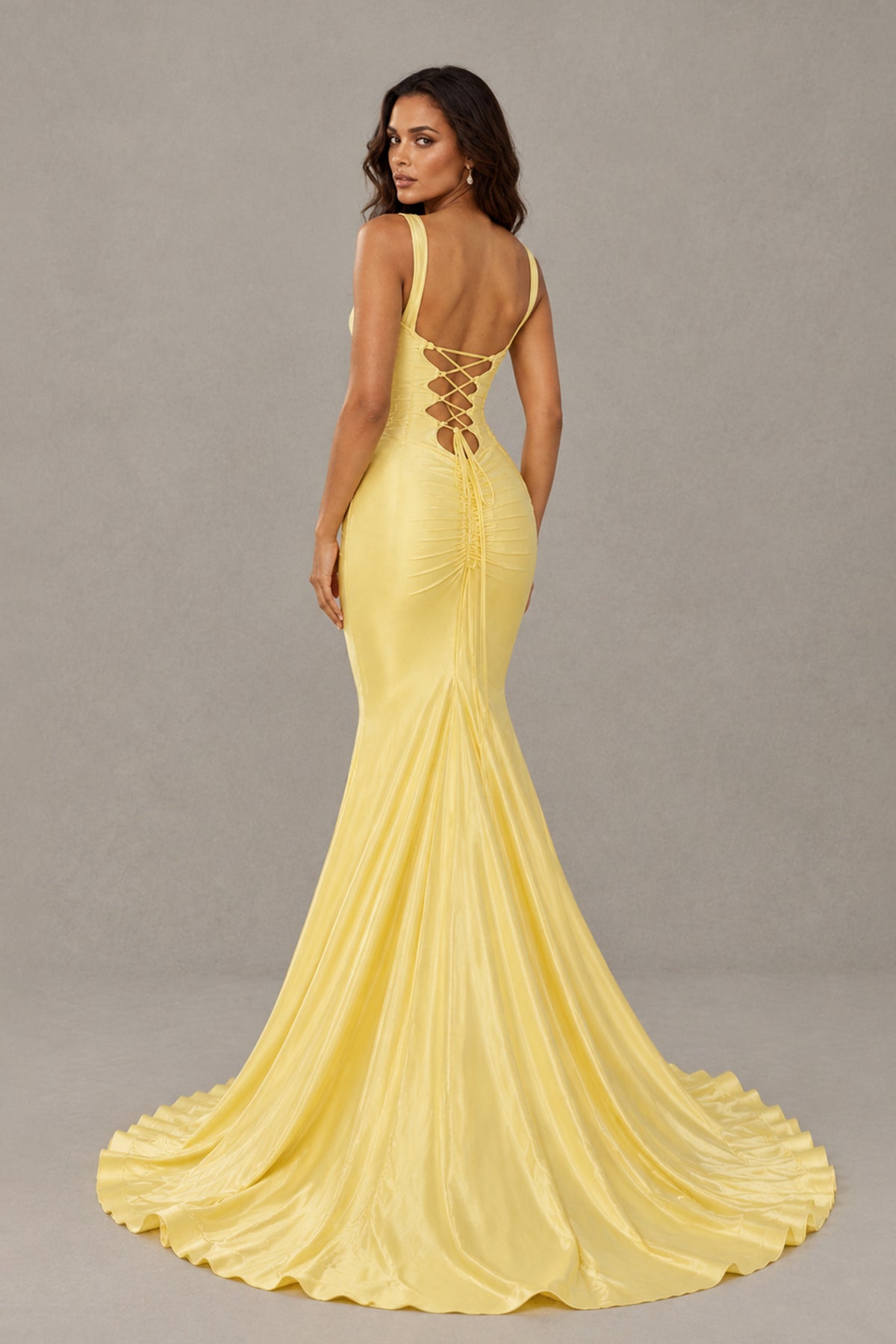 BOLODOO QQ072 yellow mermaid gown back view with open lace-up back and sweep train