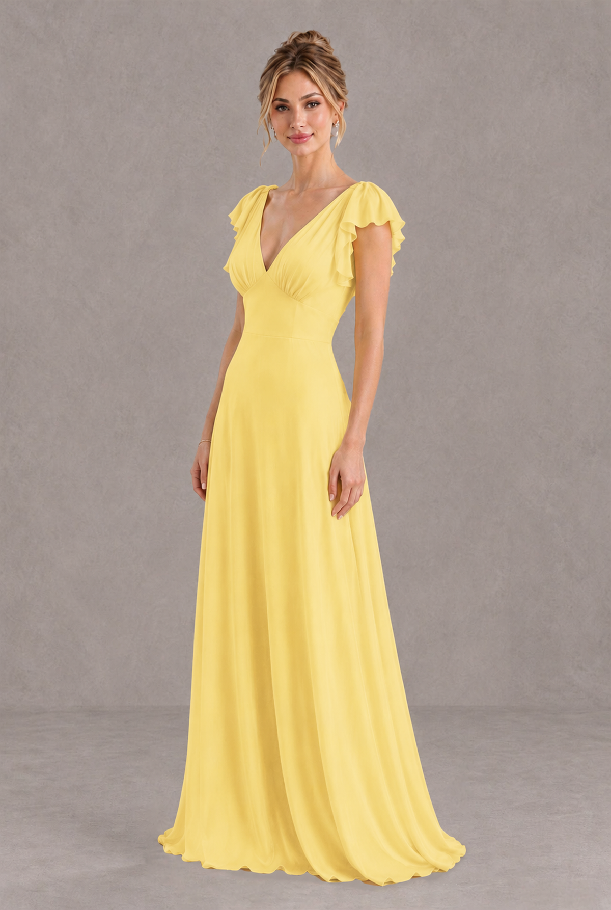 BOLODOO QQ089 yellow floor-length bridesmaid dress with flutter sleeves, three-quarter front view
