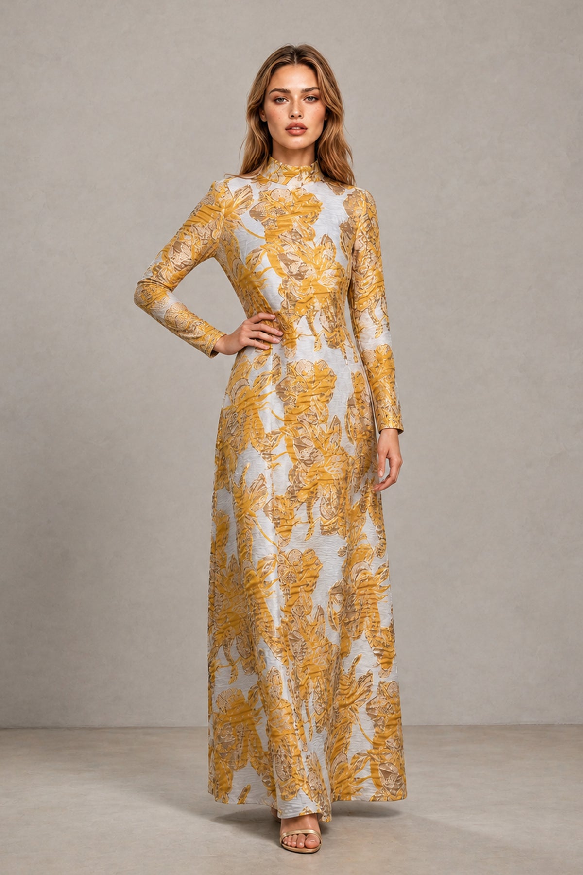 BOLODOO yellow floral print long sleeve maxi evening dress front view
