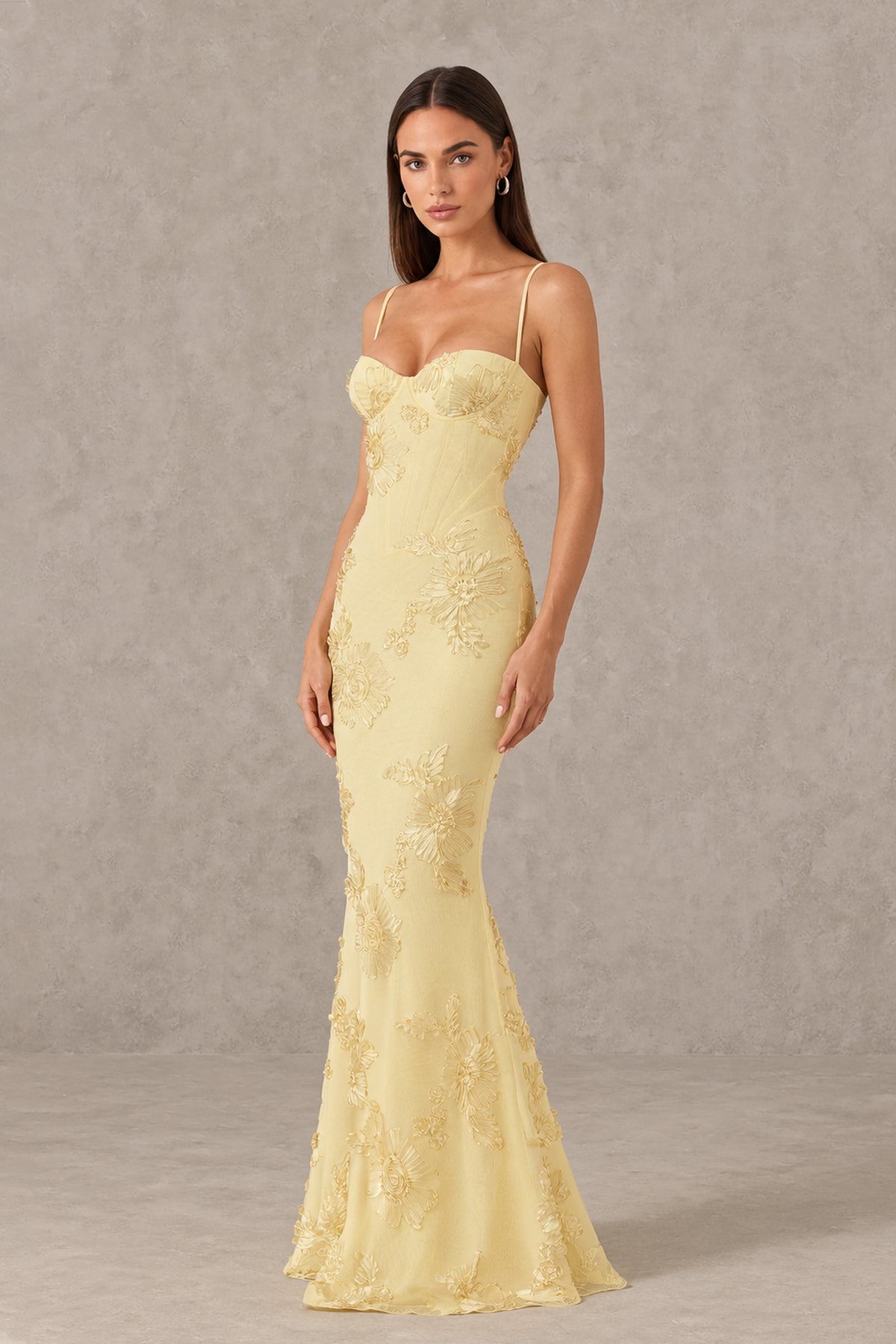 BOLODOO butter yellow floral mermaid gown open lace-up back view