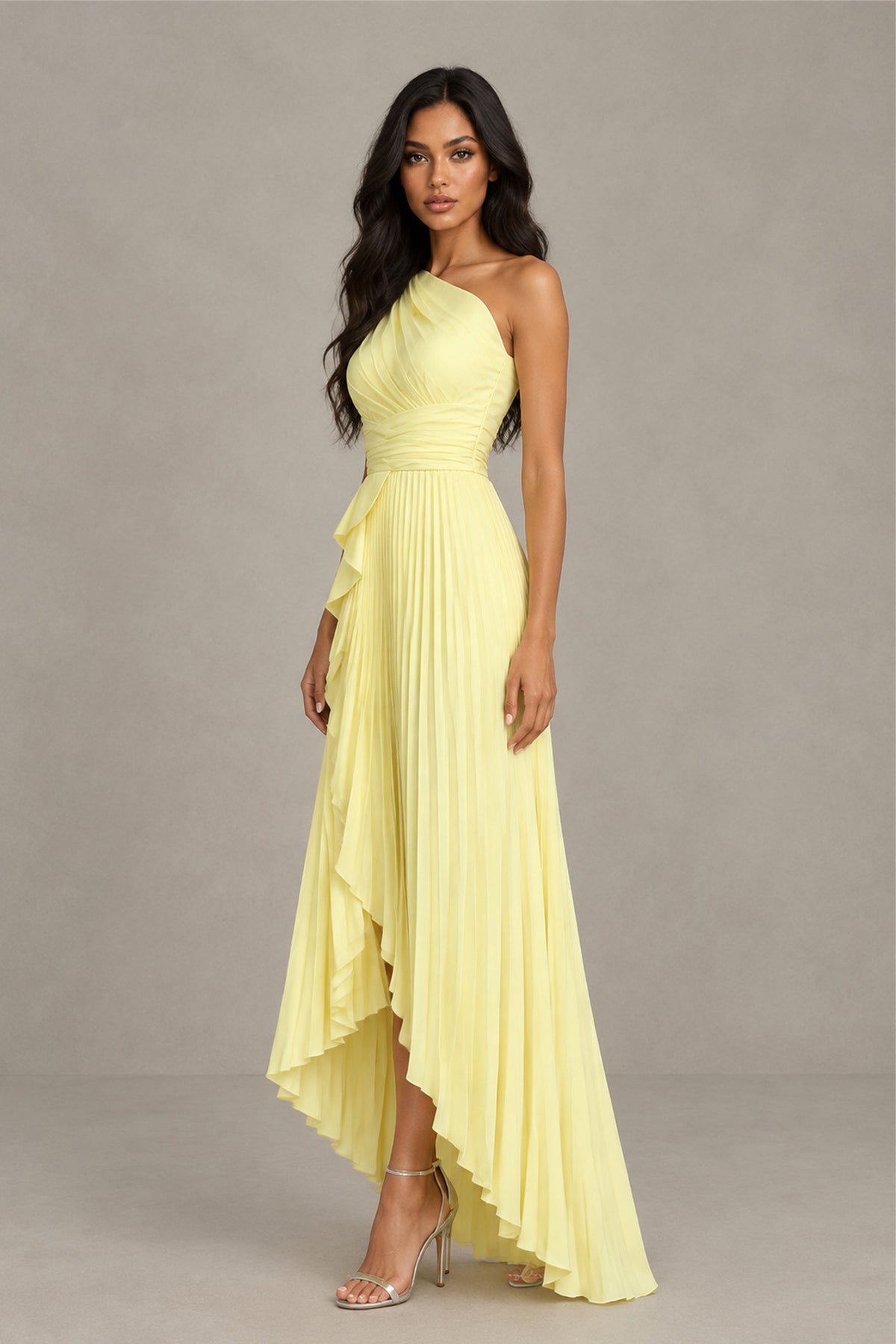 Yellow one-shoulder ruched occasion dress front view showing high-low hem