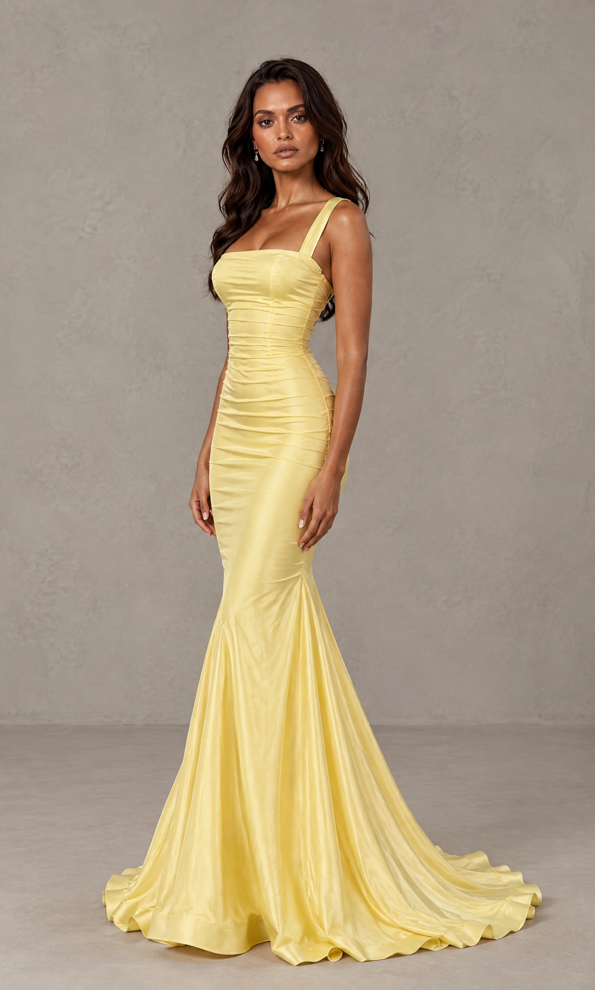 BOLODOO QQ072 yellow sleeveless mermaid gown three-quarter view showing fitted silhouette