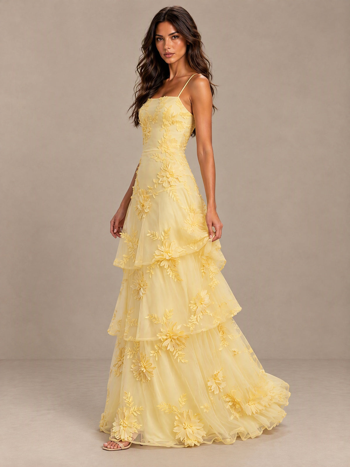 BOLODOO Yellow Floral Applique Tiered Prom Dress with Lace-Up Back 