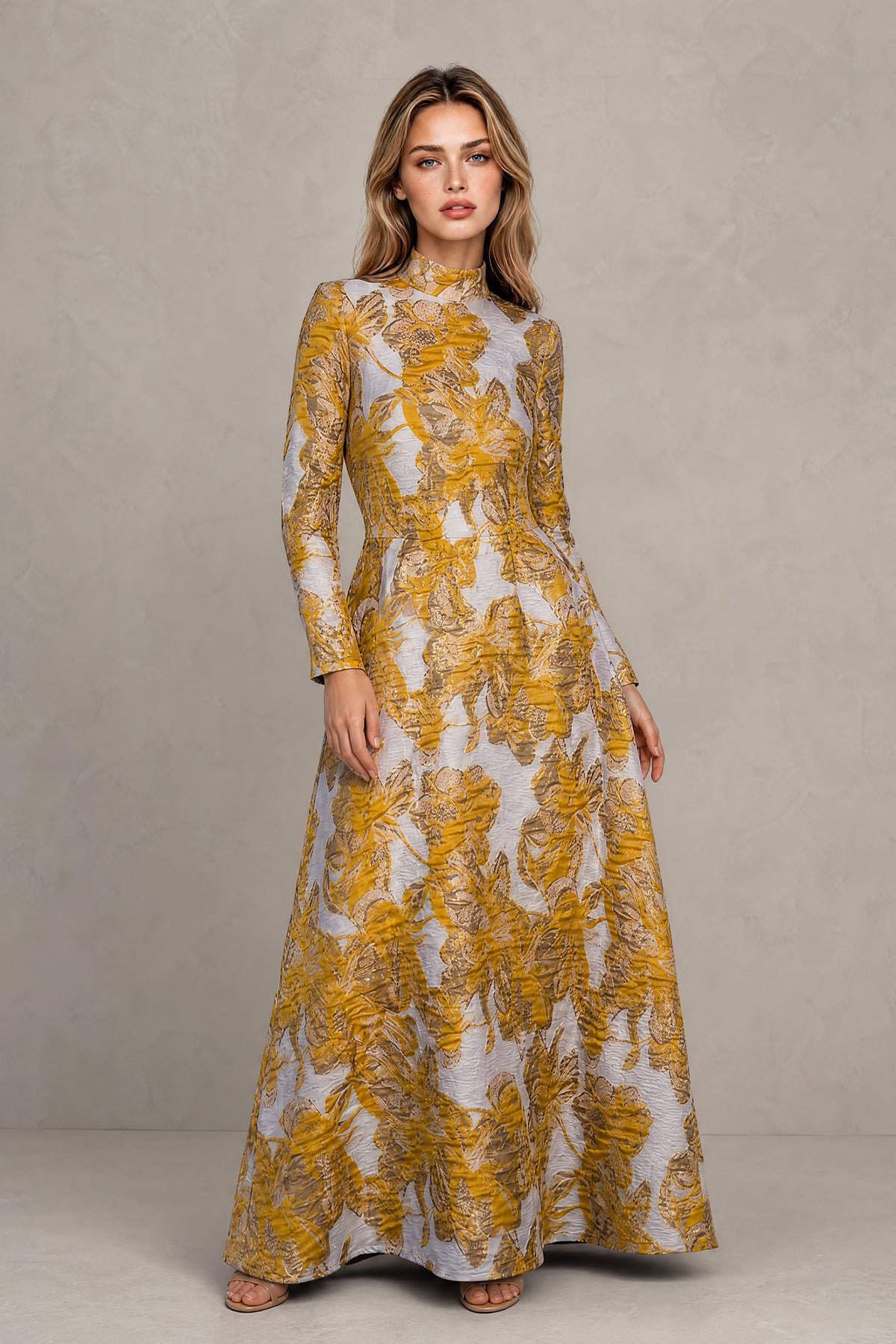 Yellow floral high neck long sleeve floor length A-line formal dress