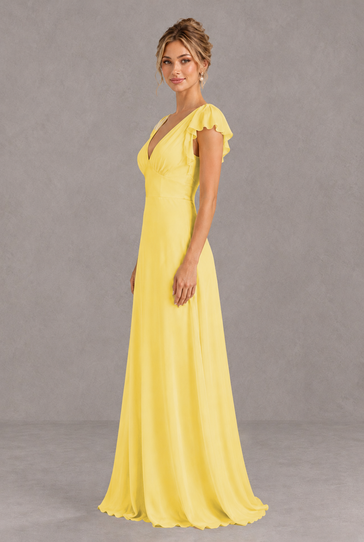 BOLODOO QQ089 yellow A-line maxi dress with flowing chiffon-look skirt, side view