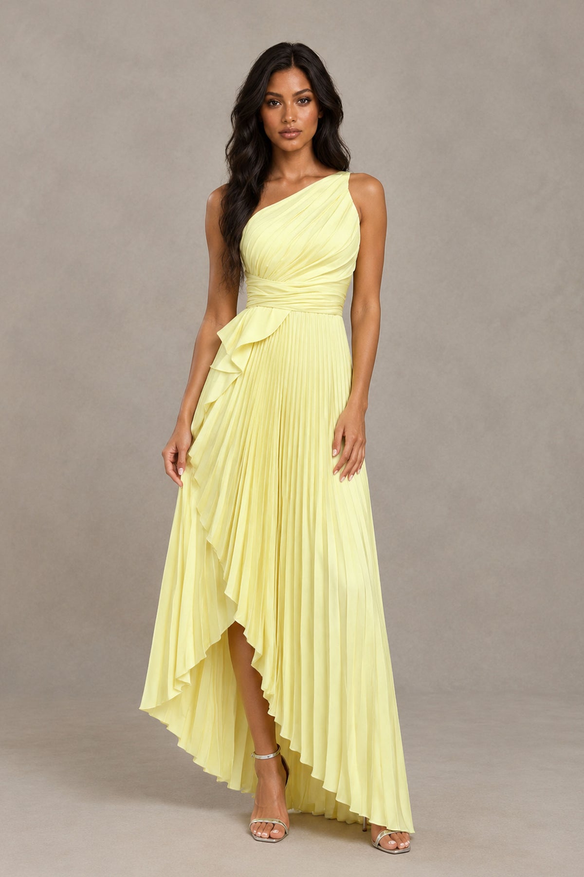 Back view of yellow one-shoulder high-low dress showing open upper back