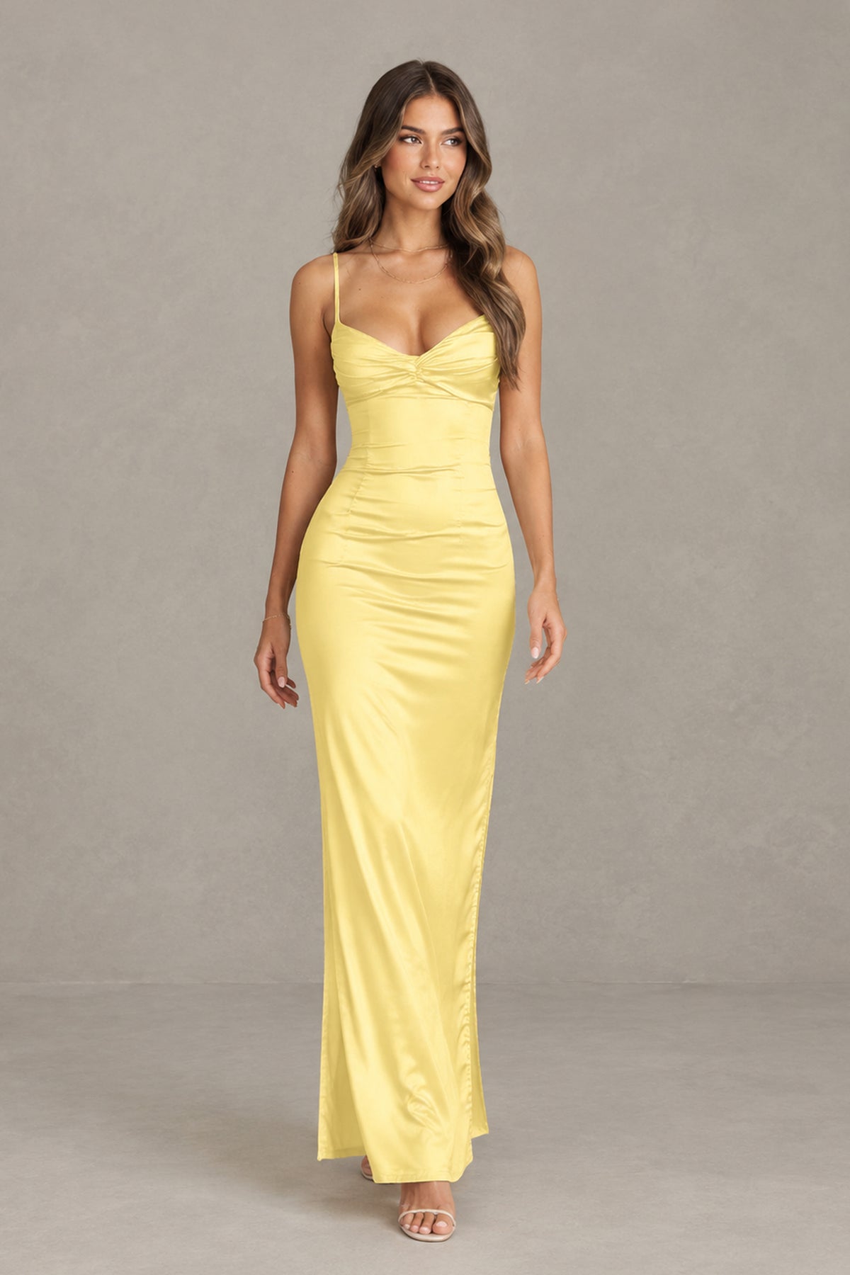 BOLODOO yellow satin cowl neck dress bodice detail view