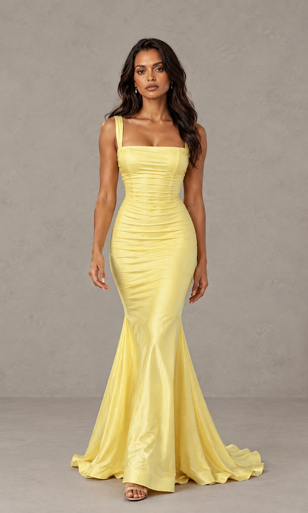 BOLODOO QQ072 yellow floor-length ruched mermaid prom dress alternate front view