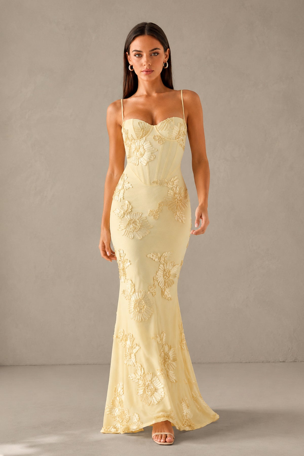 BOLODOO butter yellow floral floor-length mermaid dress front walking view
