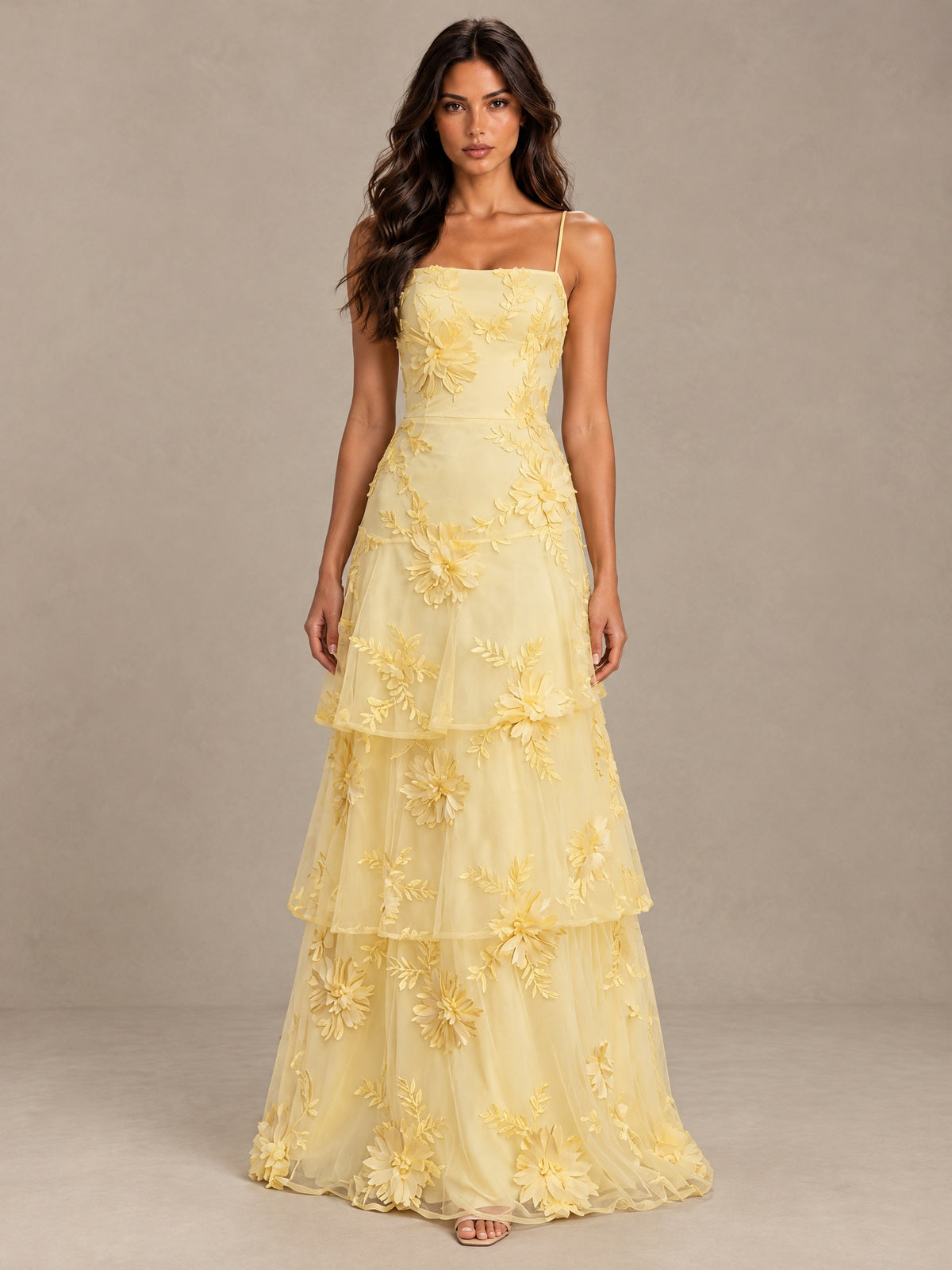 BOLODOO Yellow Floral Applique Tiered Prom Dress with Lace-Up Back 