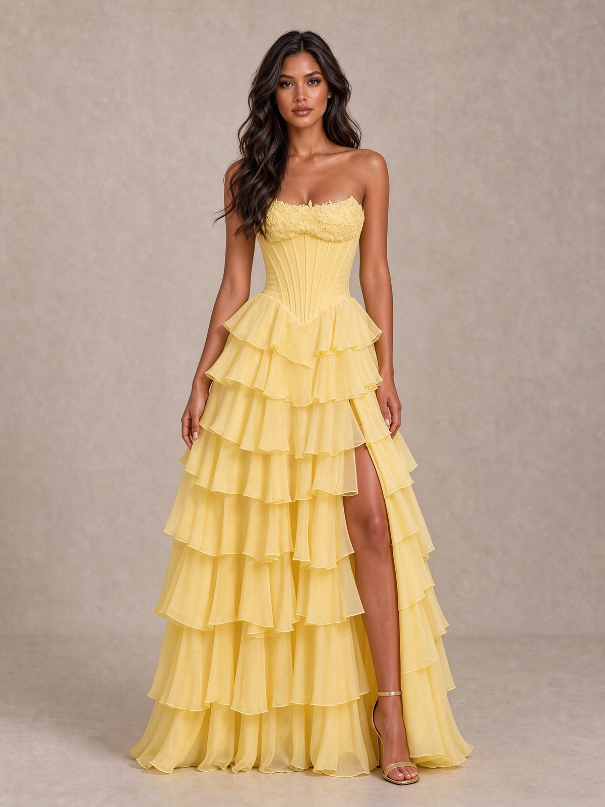 BOLODOO Yellow Strapless Corset Tiered Ruffle Prom Dress with High Slit 