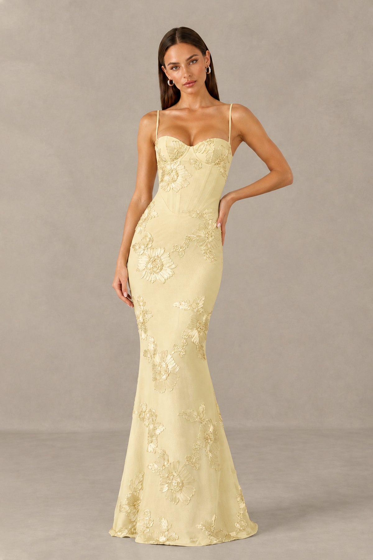 BOLODOO Light Yellow Floral Lace-Up Back Mermaid Maxi Dress 