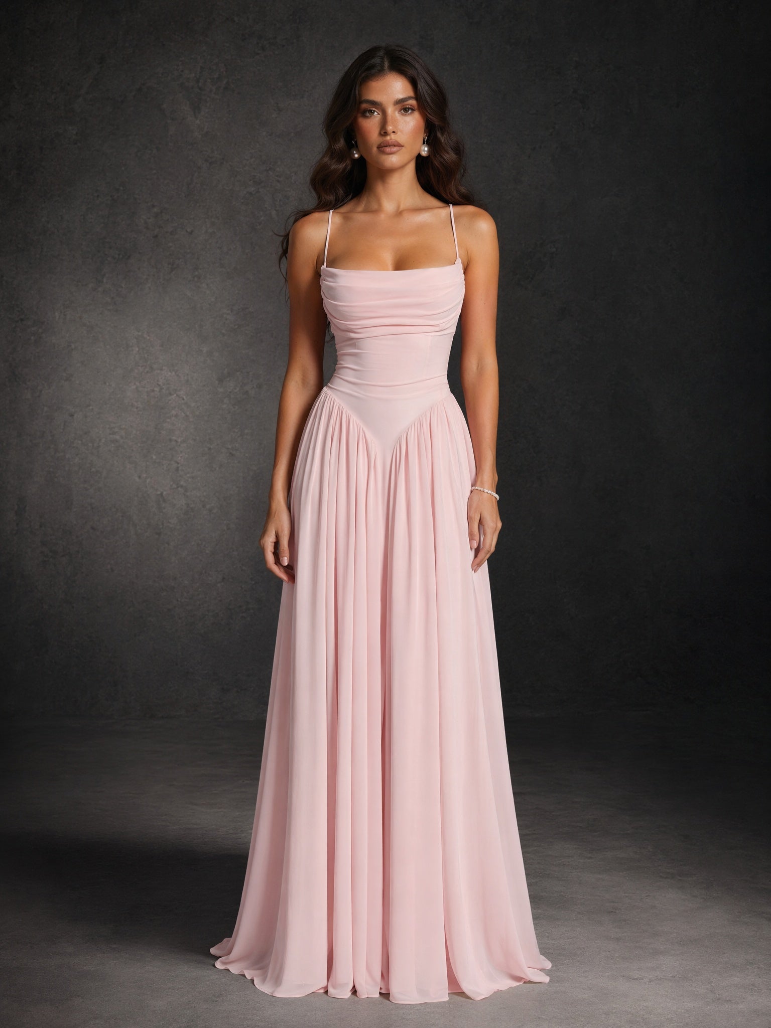 BOLODOO Blush Pink Spaghetti Strap Square Neck Ruched Chiffon Maxi Dress with Lace-Up Back
