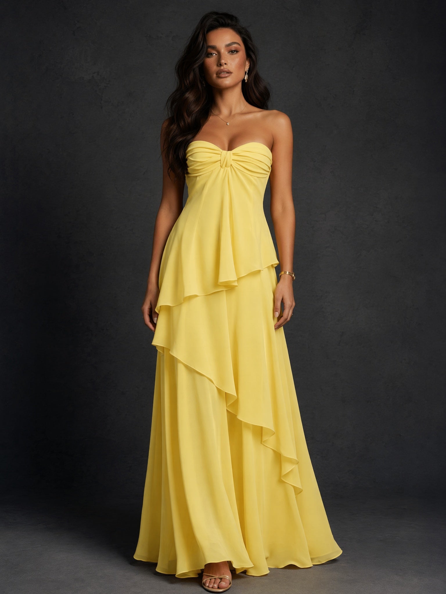 BOLODOO Yellow Strapless Sweetheart Knotted Chiffon Tiered Maxi Dress with Lace-Up Back