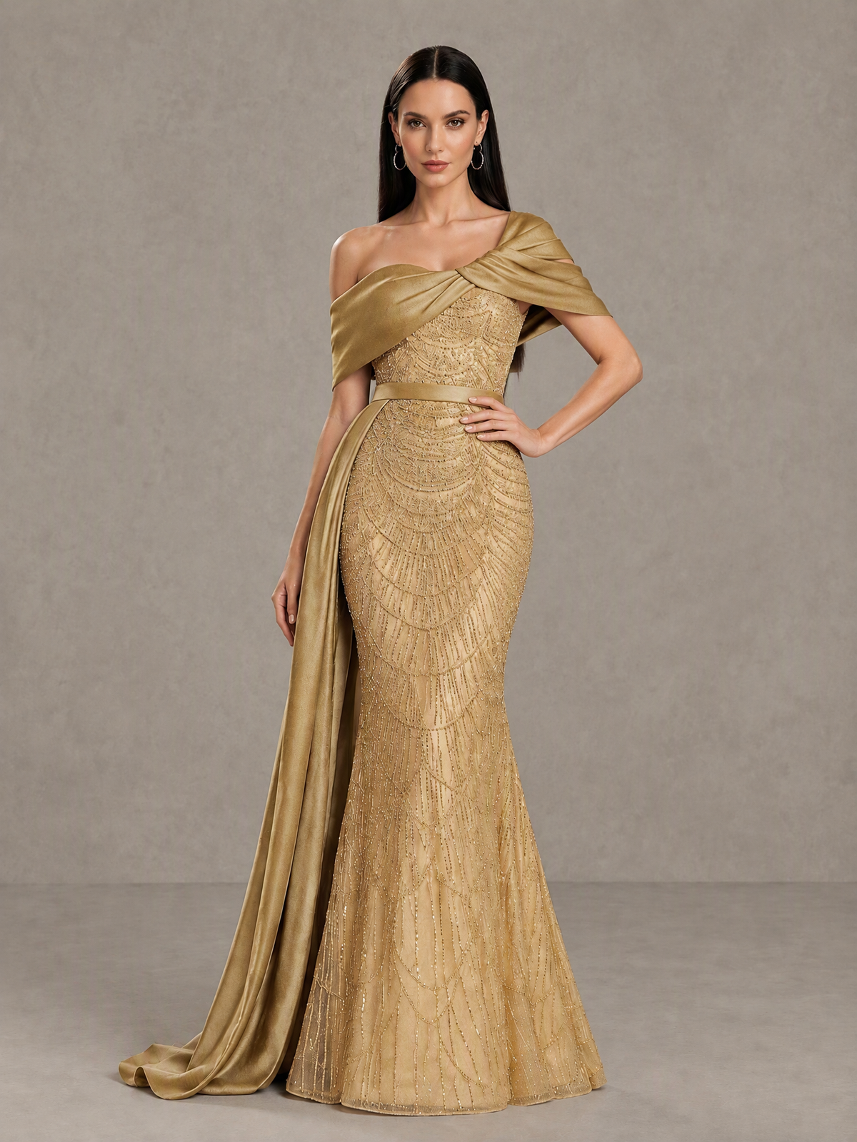 BOLODOO Gold Asymmetric Draped Mermaid Evening Gown with Train 