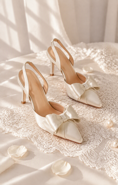 Three-quarter view of BOLODOO ivory bow slingback heels showing pointed toes and slender heels