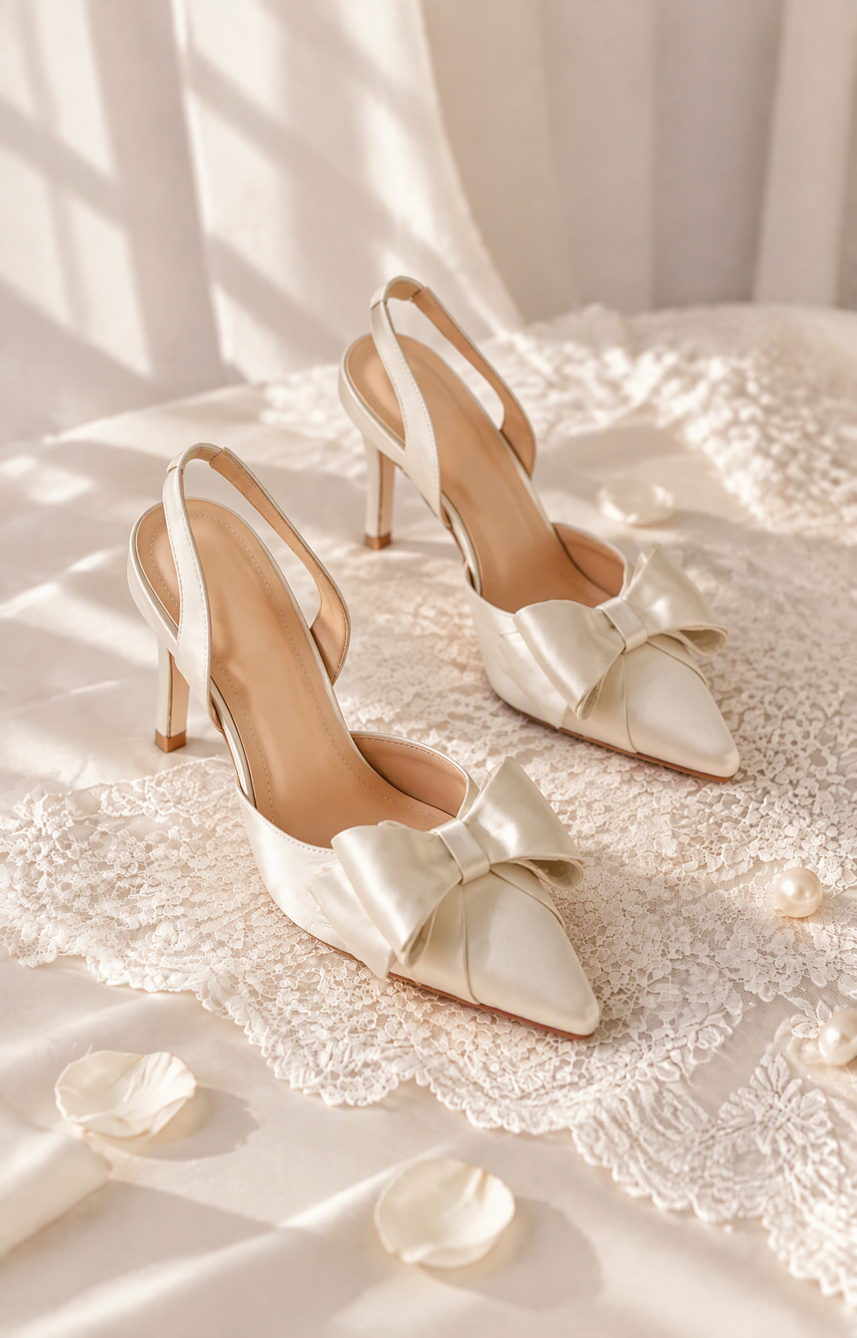 Three-quarter view of BOLODOO ivory bow slingback heels showing pointed toes and slender heels
