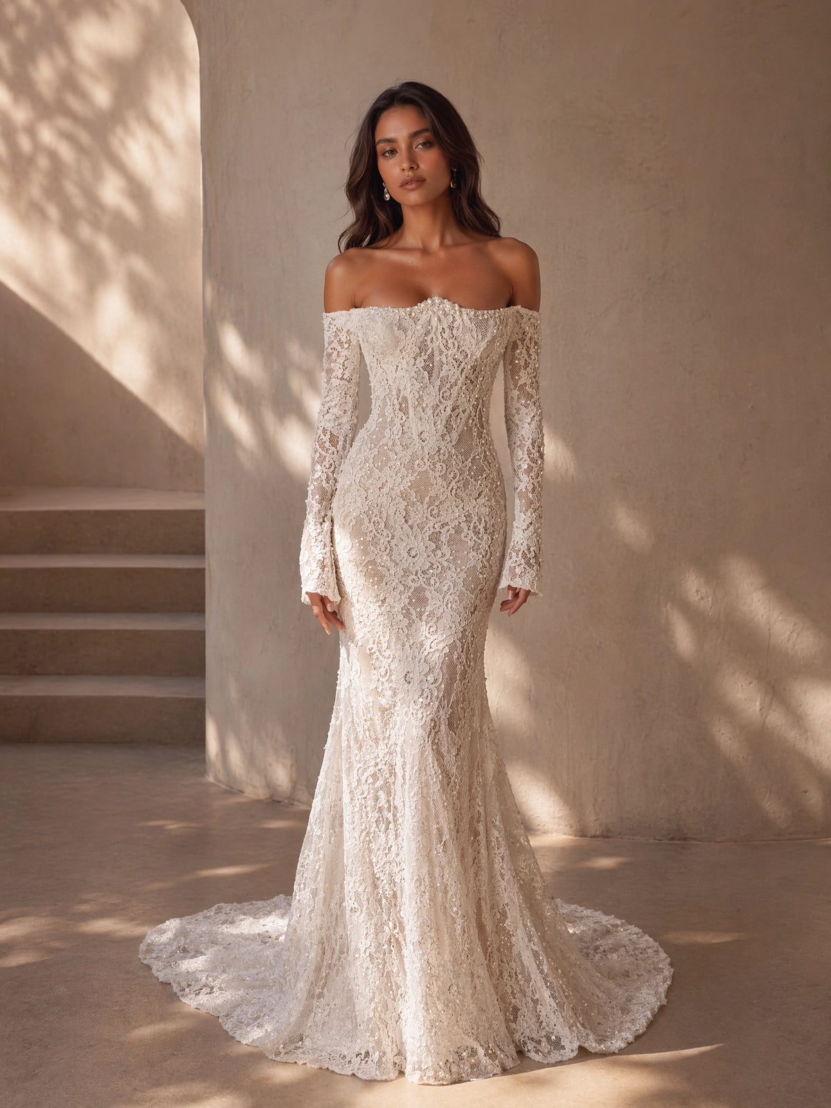 BOLODOO Ivory Off-Shoulder Long Sleeve All-Over Lace Embroidered Mermaid Wedding Gown - full front view with bell cuff sleeves