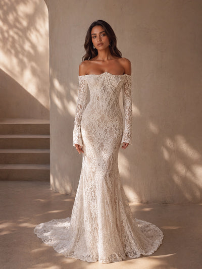 BOLODOO Ivory Off-Shoulder Long Sleeve All-Over Lace Embroidered Mermaid Wedding Gown - full front view with bell cuff sleeves