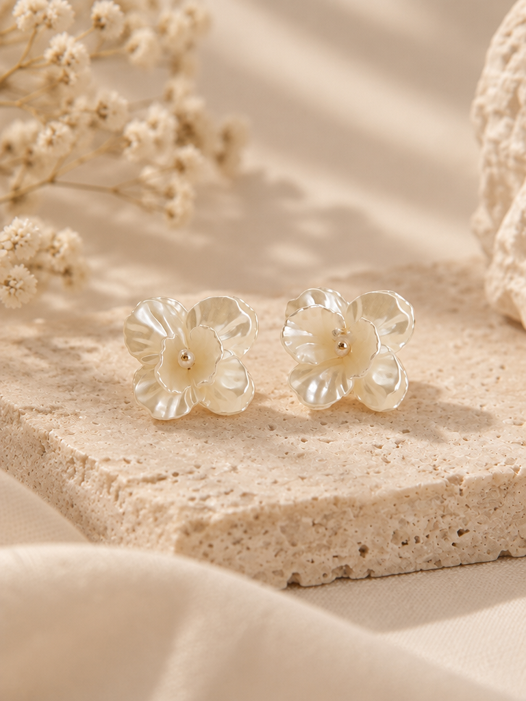 BOLODOO Ivory Iridescent Flower Bridal Earrings with Gold-Tone Centers 