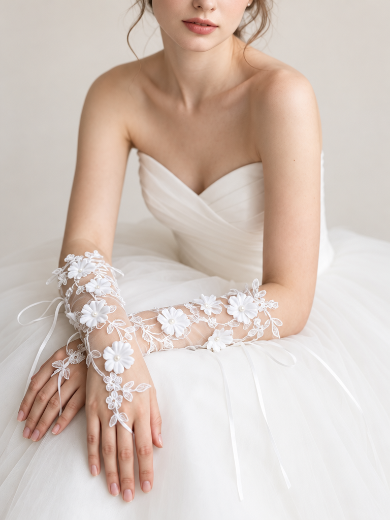 BOLODOO white lace bridal gloves showing finger loops and floral detailing across the hands