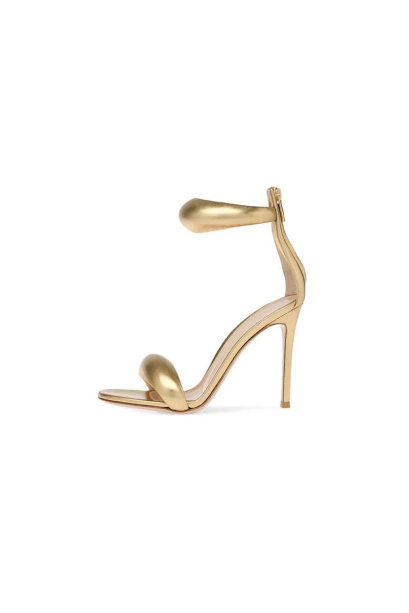Gold Ankle Strap Leather Stiletto High Heel Sandals - BOLODOO