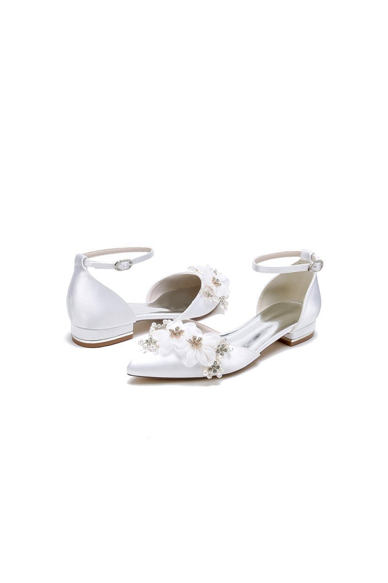 Ankle Strap Pointed Toe Low Heels with Rhinestone Flower