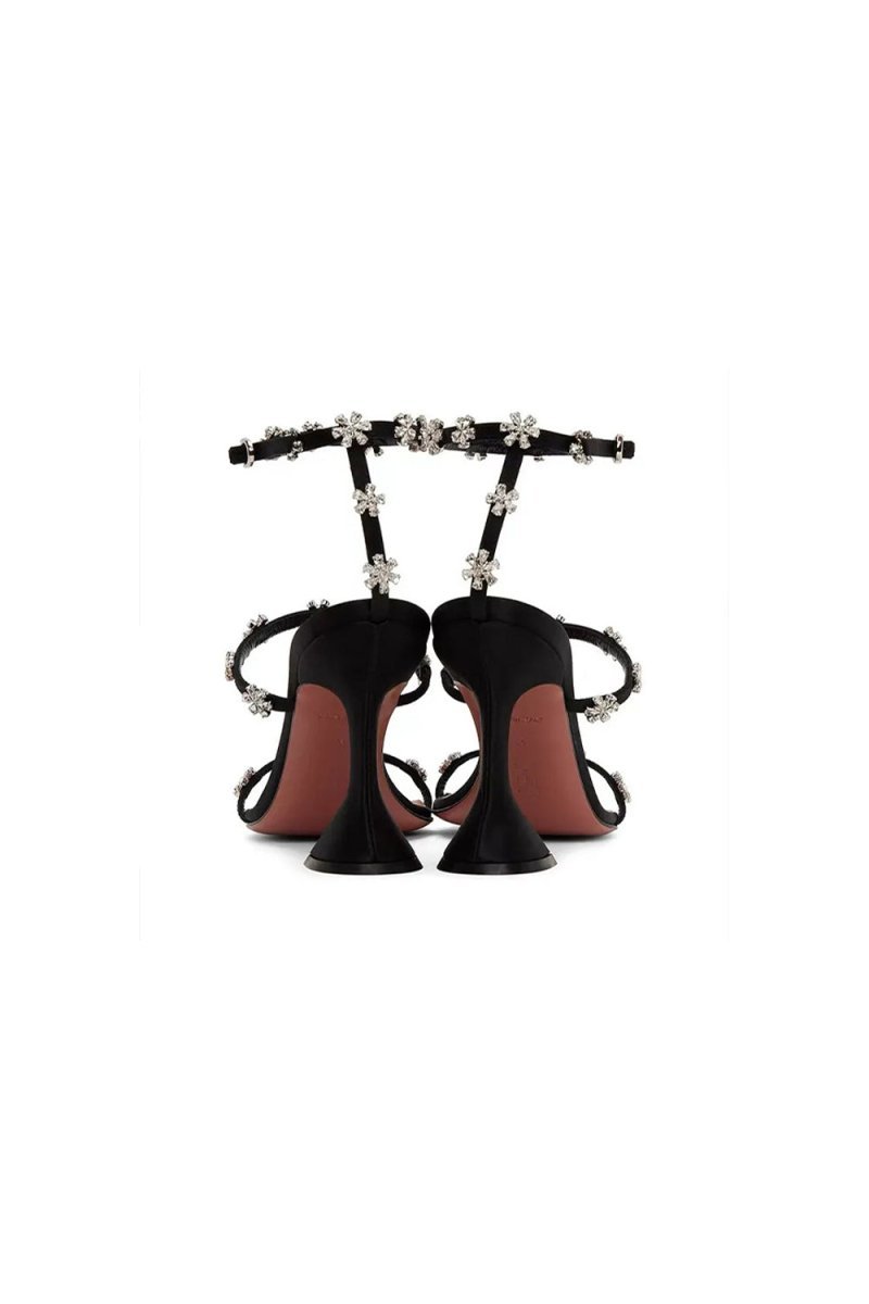 Black Ankle Straps Open Toe Chunky Heels with Flower Rhinestones