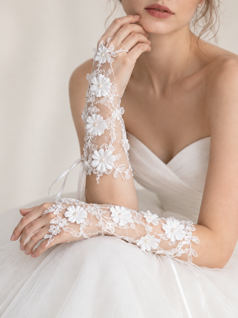 BOLODOO XCD023 white floral fingerless bridal gloves with raised flower appliques modeled on both arms