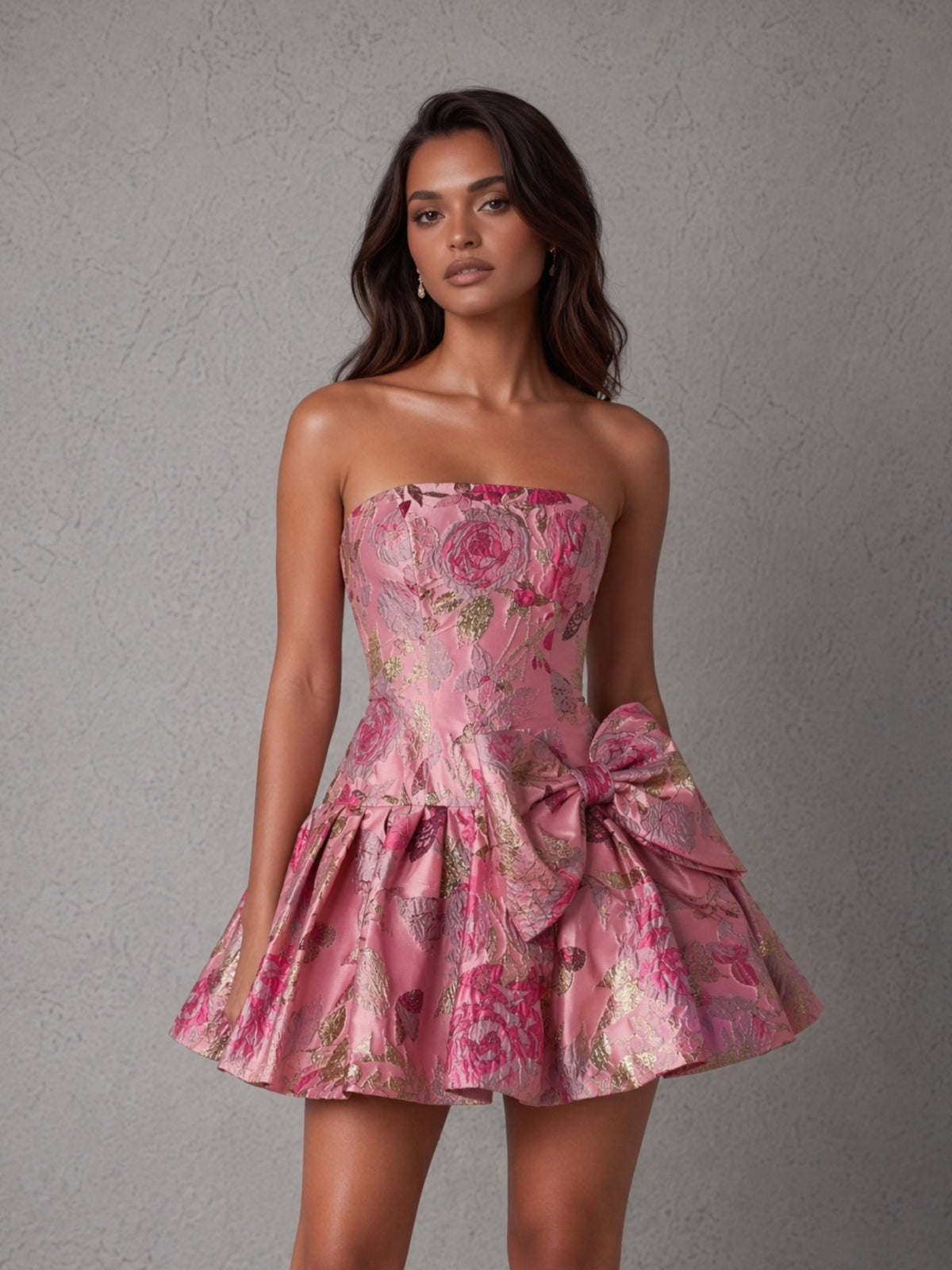 BOLODOO Pink Rose Gold Jacquard Strapless Bubble Mini Dress – Bow Detail Open Back Brocade Cocktail Dress