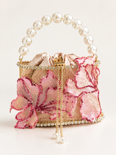 BOLODOO EE0001 pink floral wedding handbag with pearl-look top handle and gold-tone grid exterior on a light background