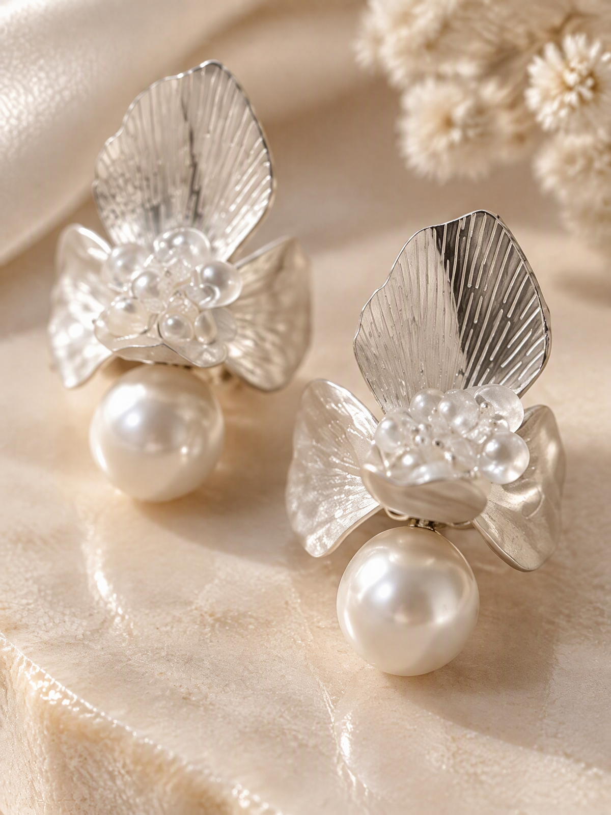 BOLODOO Silver-Tone Floral Pearl-Look Drop Bridal Earrings 