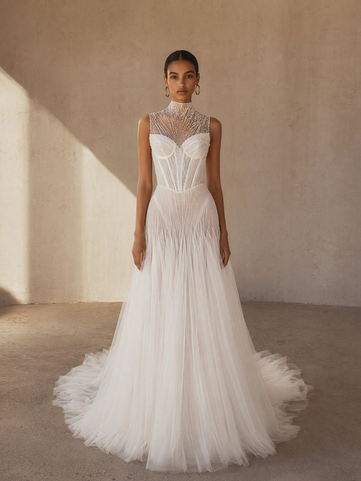 BOLODOO White High Neck Sheer Crystal Beaded Boned Corset A-Line Tulle Wedding Gown - full front view with radiating fringe skirt