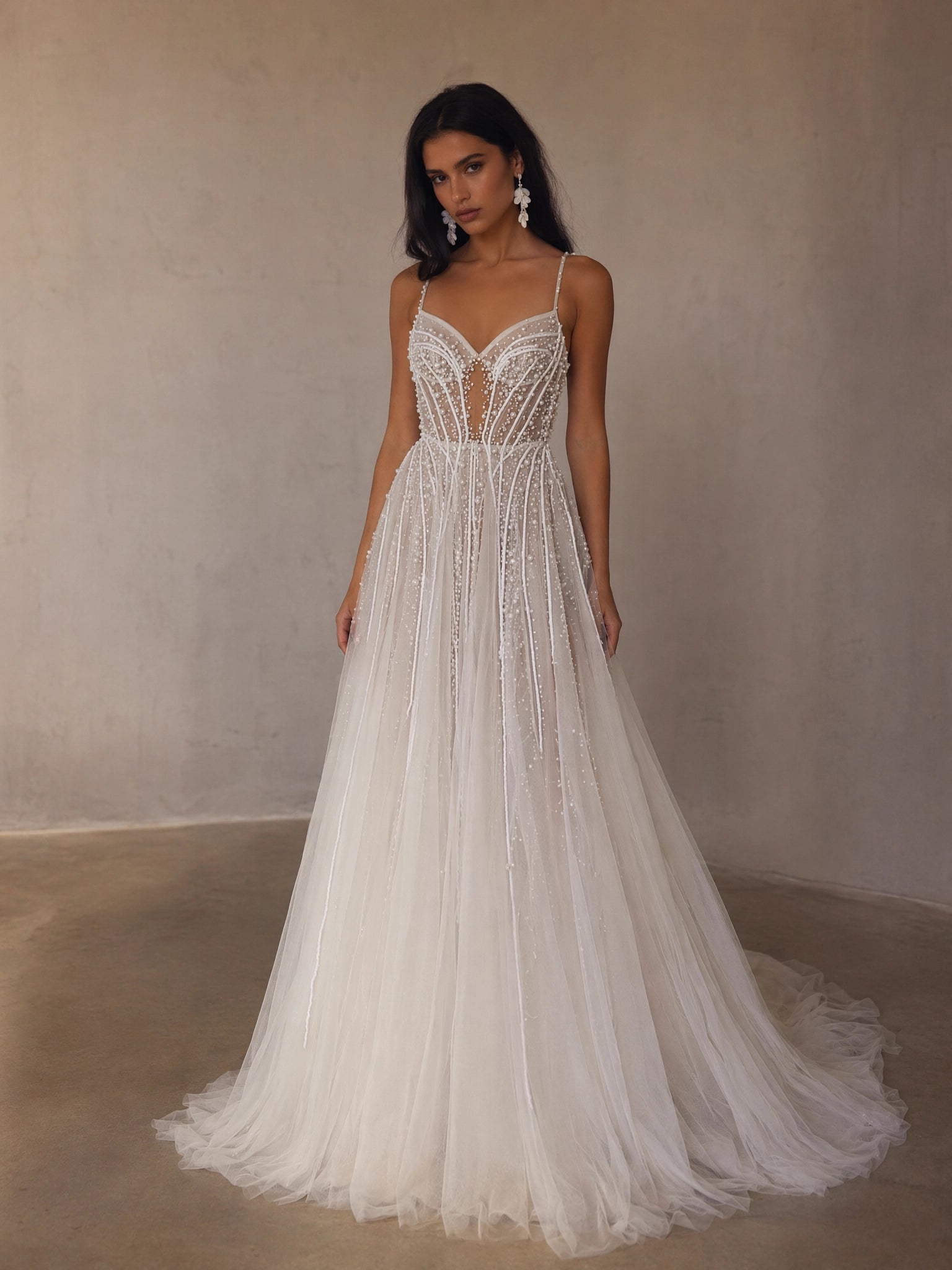 BOLODOO Ivory Spaghetti Strap Sweetheart All-Over Pearl Crystal Beaded Sheer Boned Corset A-Line Tulle Wedding Gown - full front view
