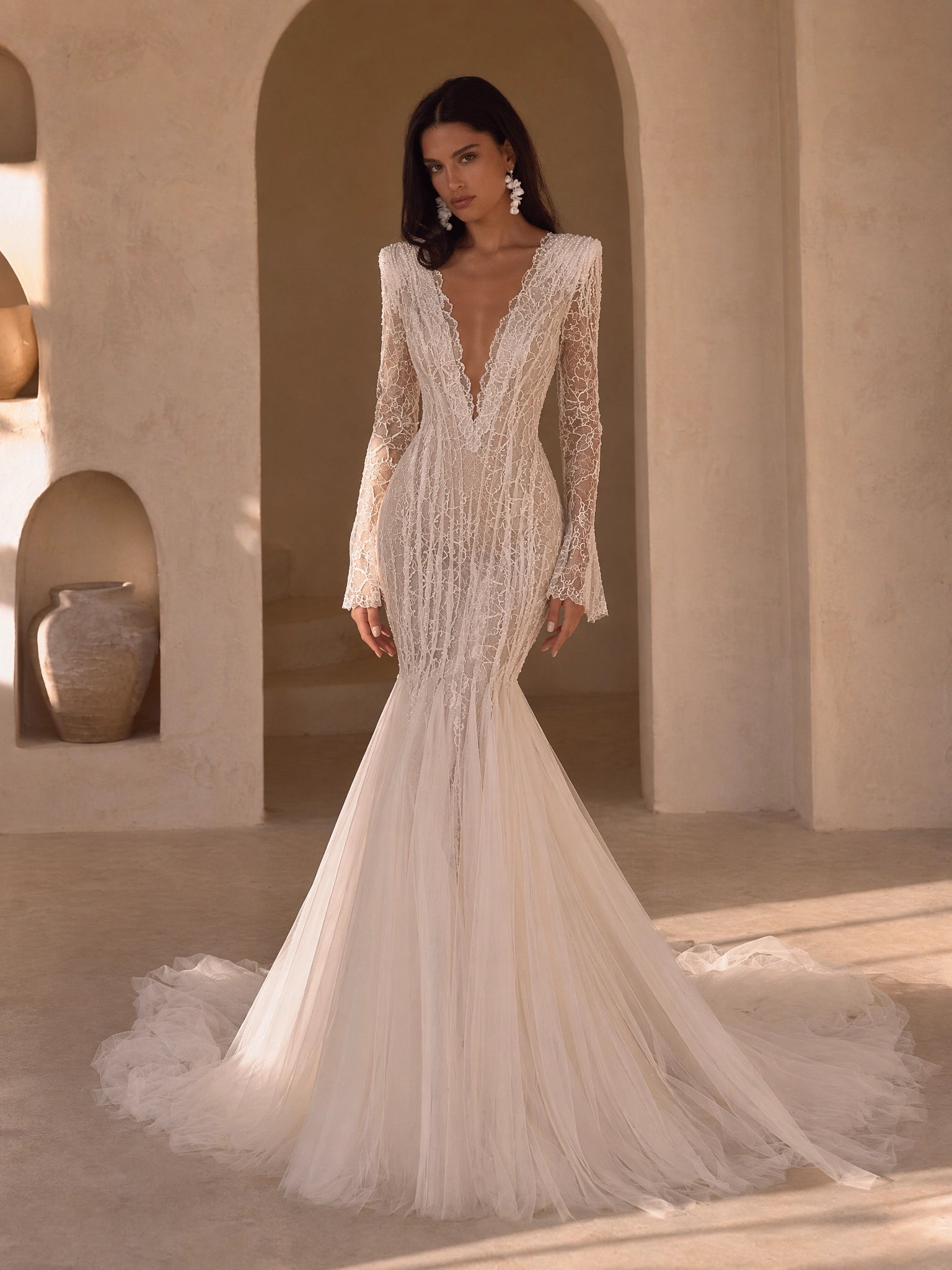 BOLODOO Ivory Deep V-Neck All-Over Mesh Lace Embroidered Long Bell Sleeve Mermaid Wedding Gown - full front view with tulle train