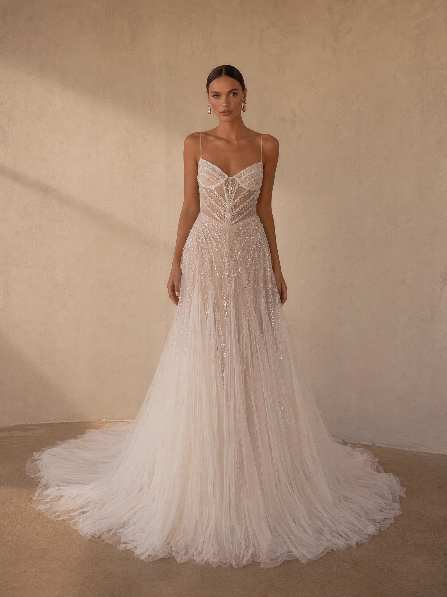BOLODOO Ivory Spaghetti Strap Sweetheart All-Over Sequin Crystal Beaded Sheer Boned Corset A-Line Tulle Wedding Gown - full front view with high slit