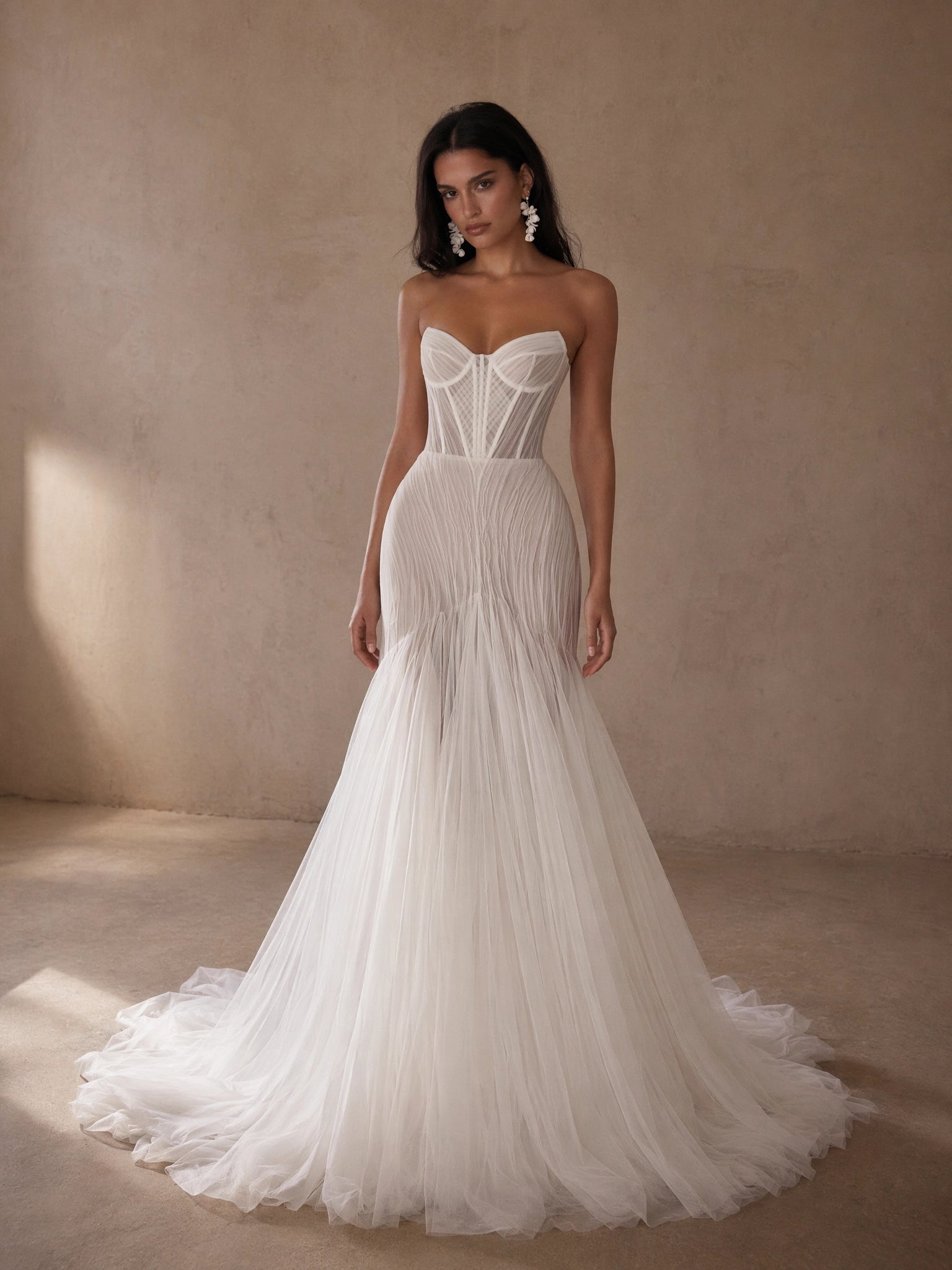 BOLODOO ivory sheer boned corset strapless sweetheart pearl fringe mermaid wedding dress - front full length view showing pearl fringe skirt and train