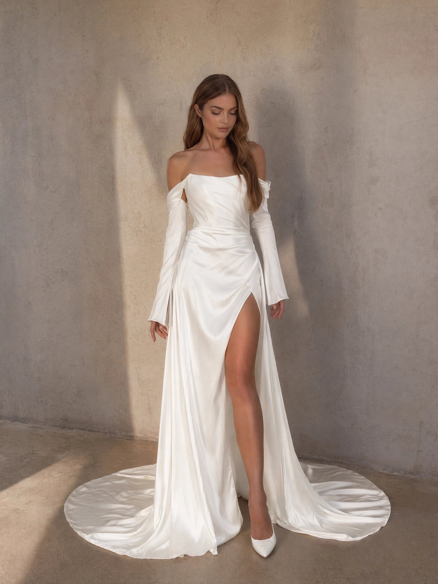 BOLODOO White Strapless Straight Neck Satin A-Line Wedding Gown - front view 2 with bell sleeves and cathedral train