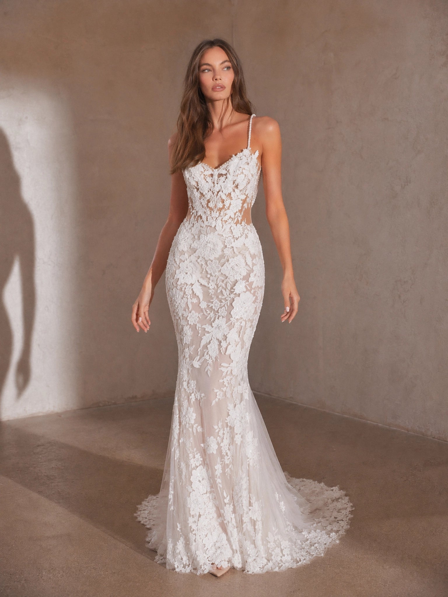 BOLODOO ivory 3D floral lace applique pearl spaghetti strap sweetheart mermaid wedding dress - front three-quarter walking view showing full lace detail and train