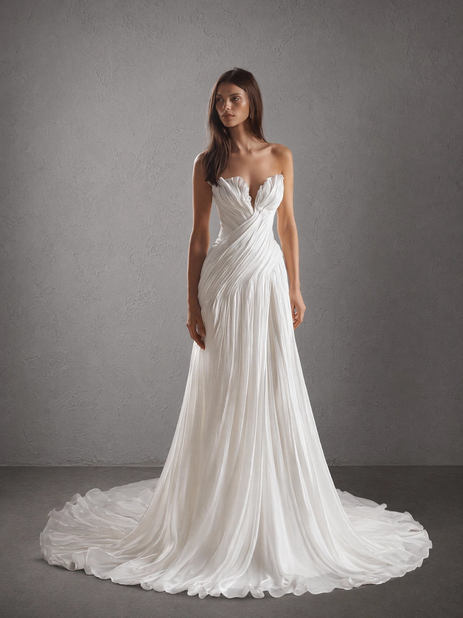 BOLODOO White Strapless Deep V Pleated Chiffon Wedding Gown with High Slit and Train