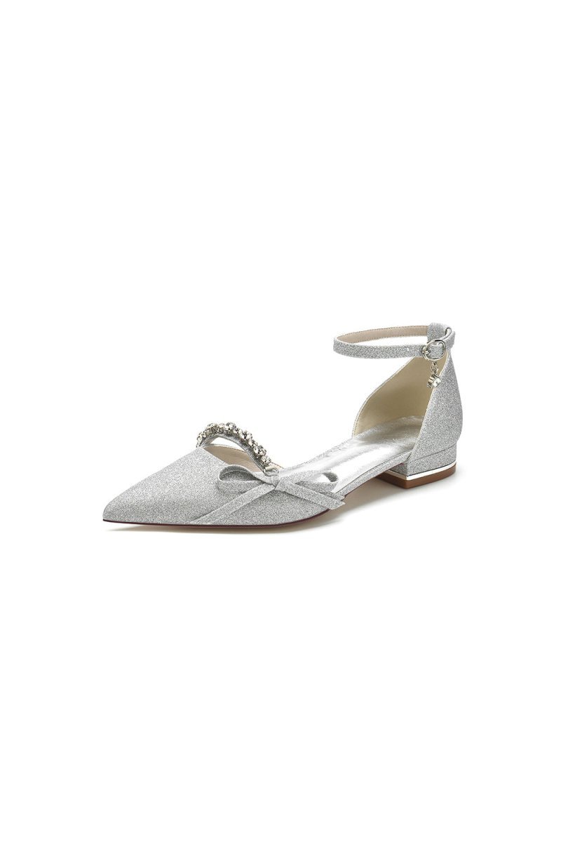 Beaded Pointed Toe Ankle Strap Wedding Shoes With Bow - BOLODOO