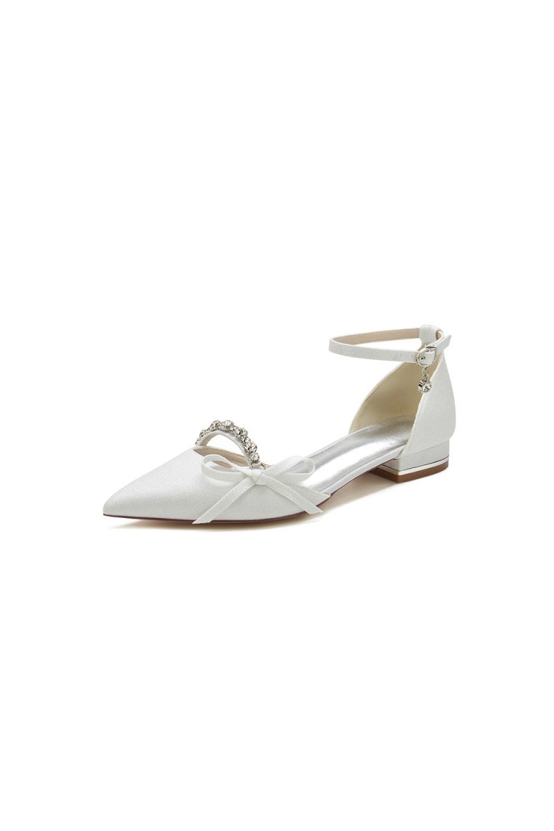Beaded Pointed Toe Ankle Strap Wedding Shoes With Bow - BOLODOO