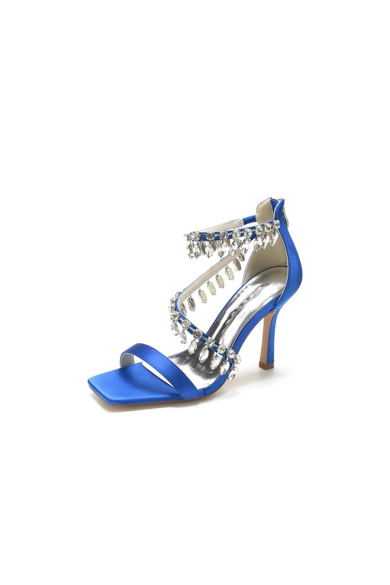Beaded Square Open Toe Ankle Strap Satin Stiletto Heels - BOLODOO