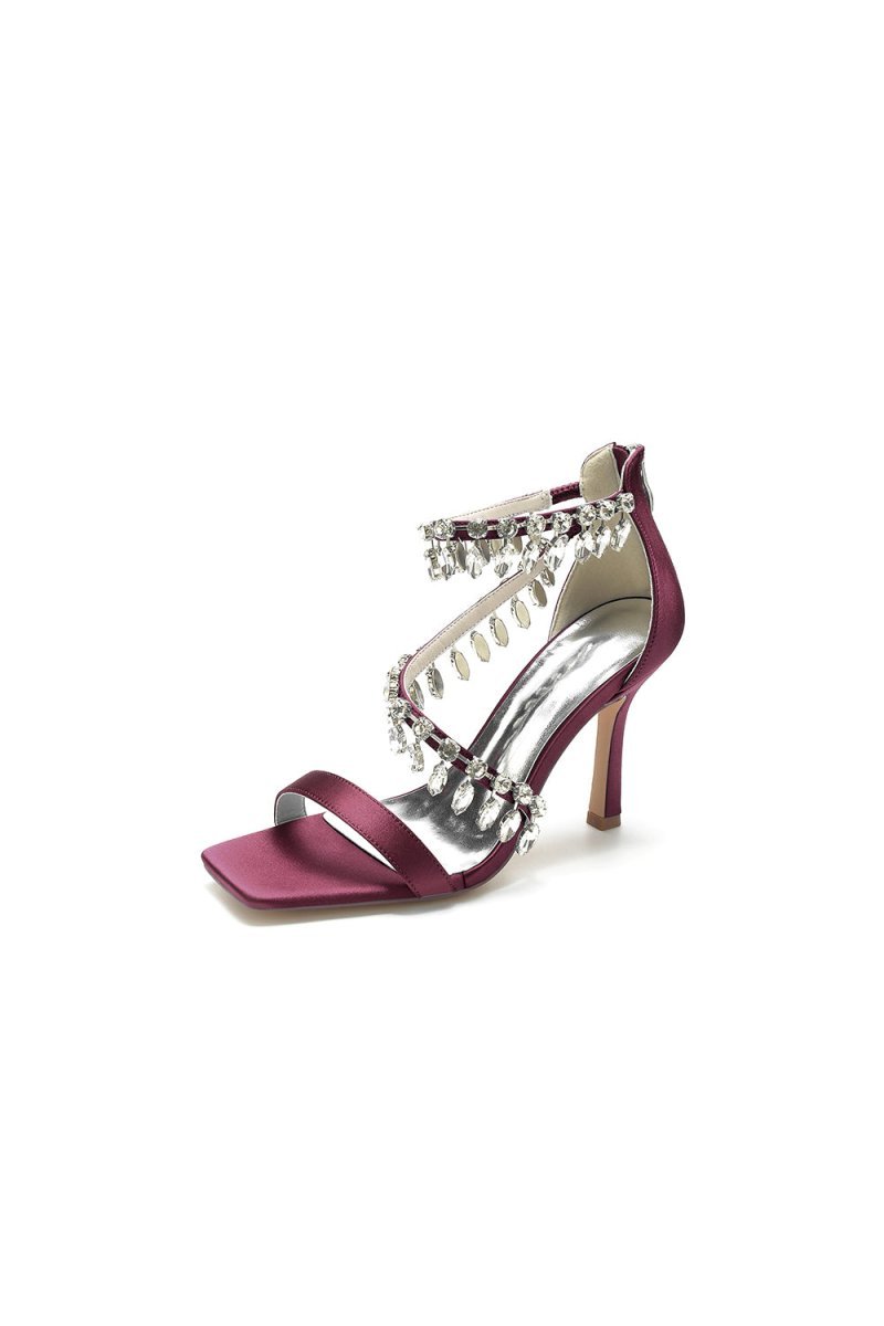 Beaded Square Open Toe Ankle Strap Satin Stiletto Heels - BOLODOO