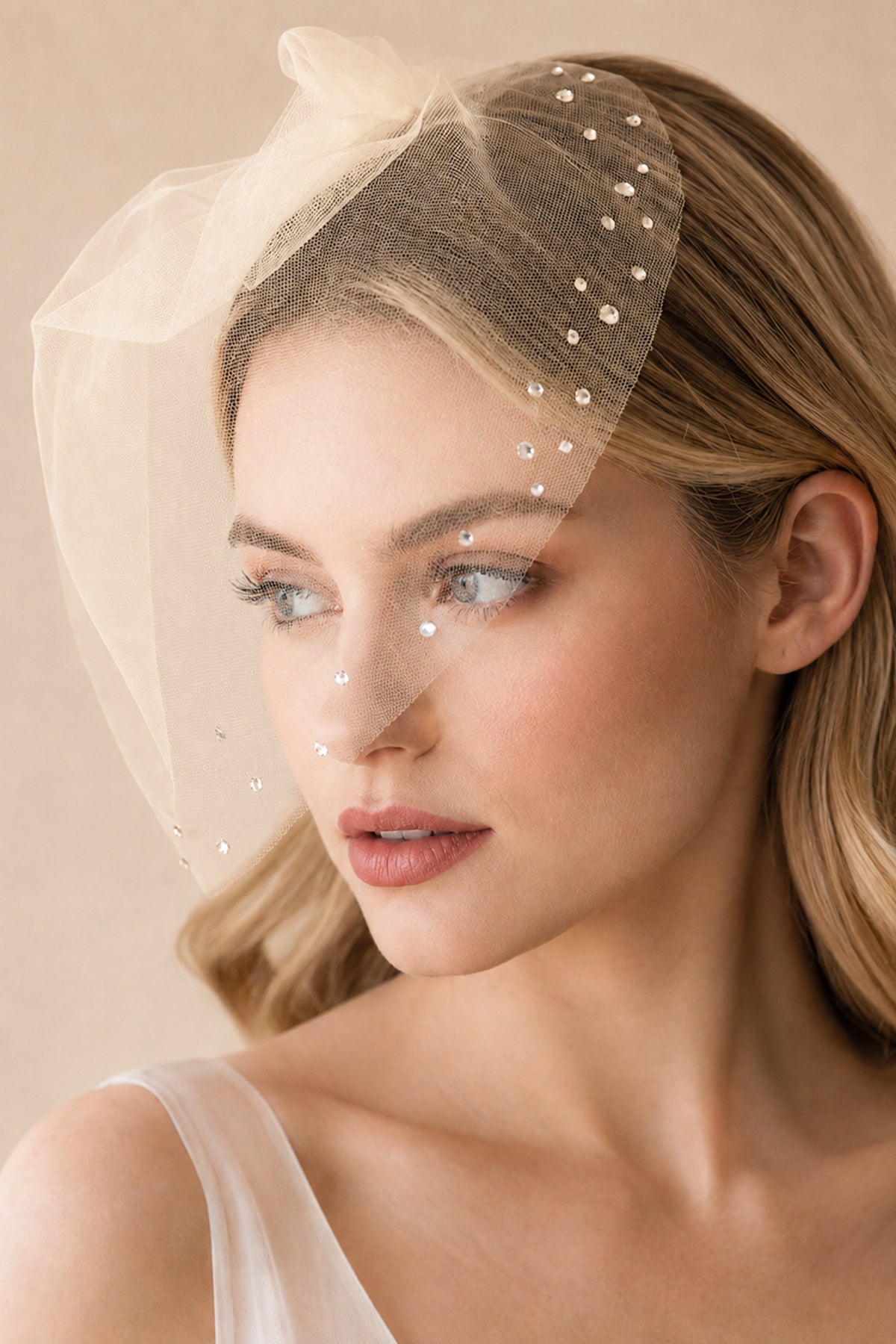 Birdcage Veils Vintage-Inspired with Tiny Crystals in Champagne