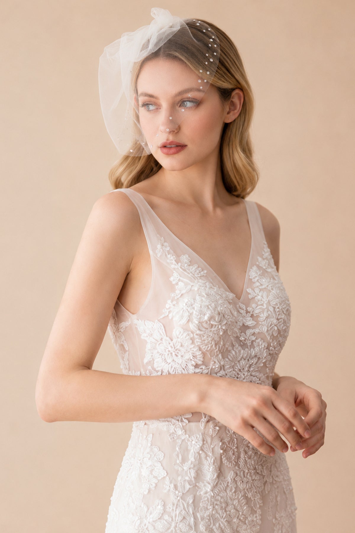 Birdcage Veils Vintage-Inspired with Tiny Crystals in Ivory