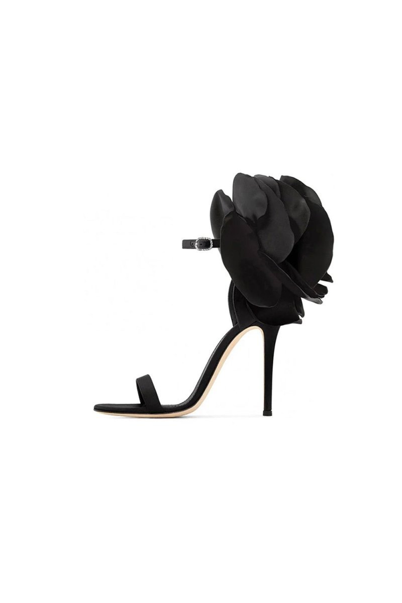 Black Flower Embellished High Stiletto Heel Sandals - BOLODOO