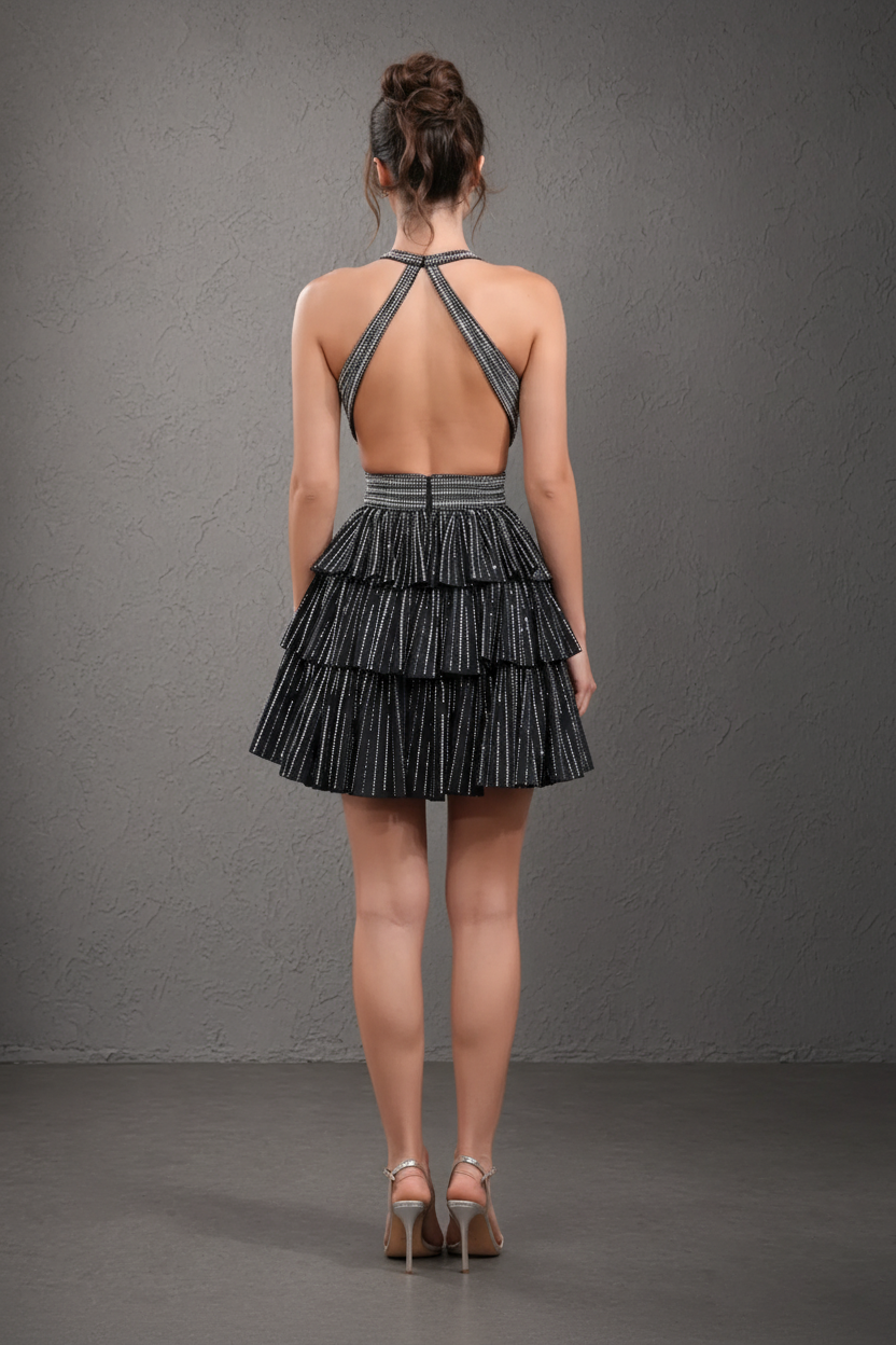 Black Halter Sequin Tiered Ruffle Mini Dress - Back View