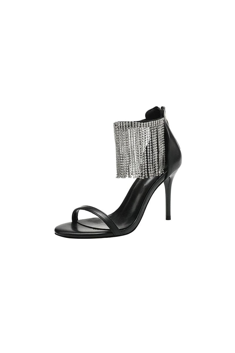 Black Rhinestone Thick High Heels - BOLODOO