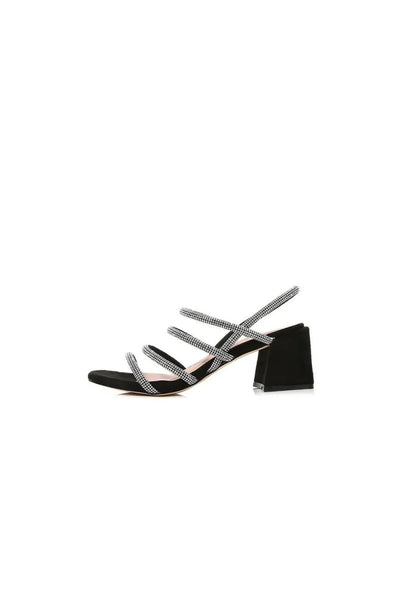 Black Rhinestones Strappy Chunky Heels - BOLODOO
